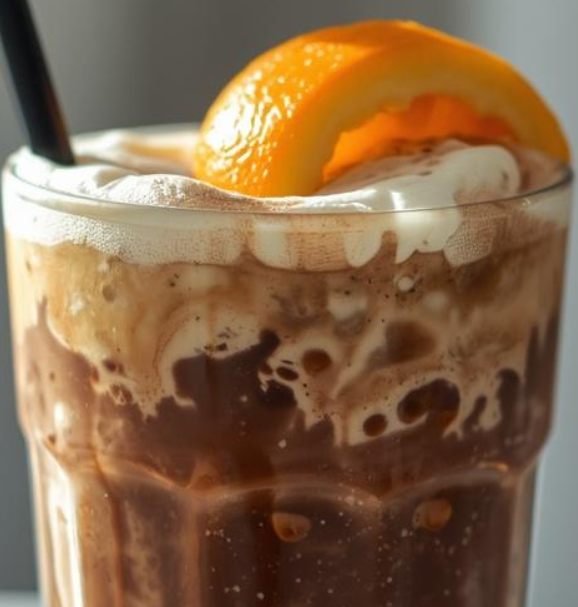Close-up of a glass of iced coffee with whipped cream and an orange slice on top.