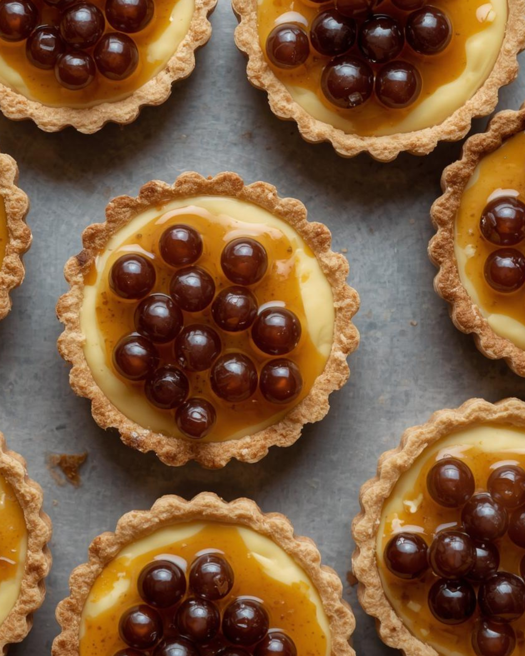 Several tartlets with a crispy crust, filled with custard or lemon curd, topped with chocolate pearls and a drizzle of caramel sauce.