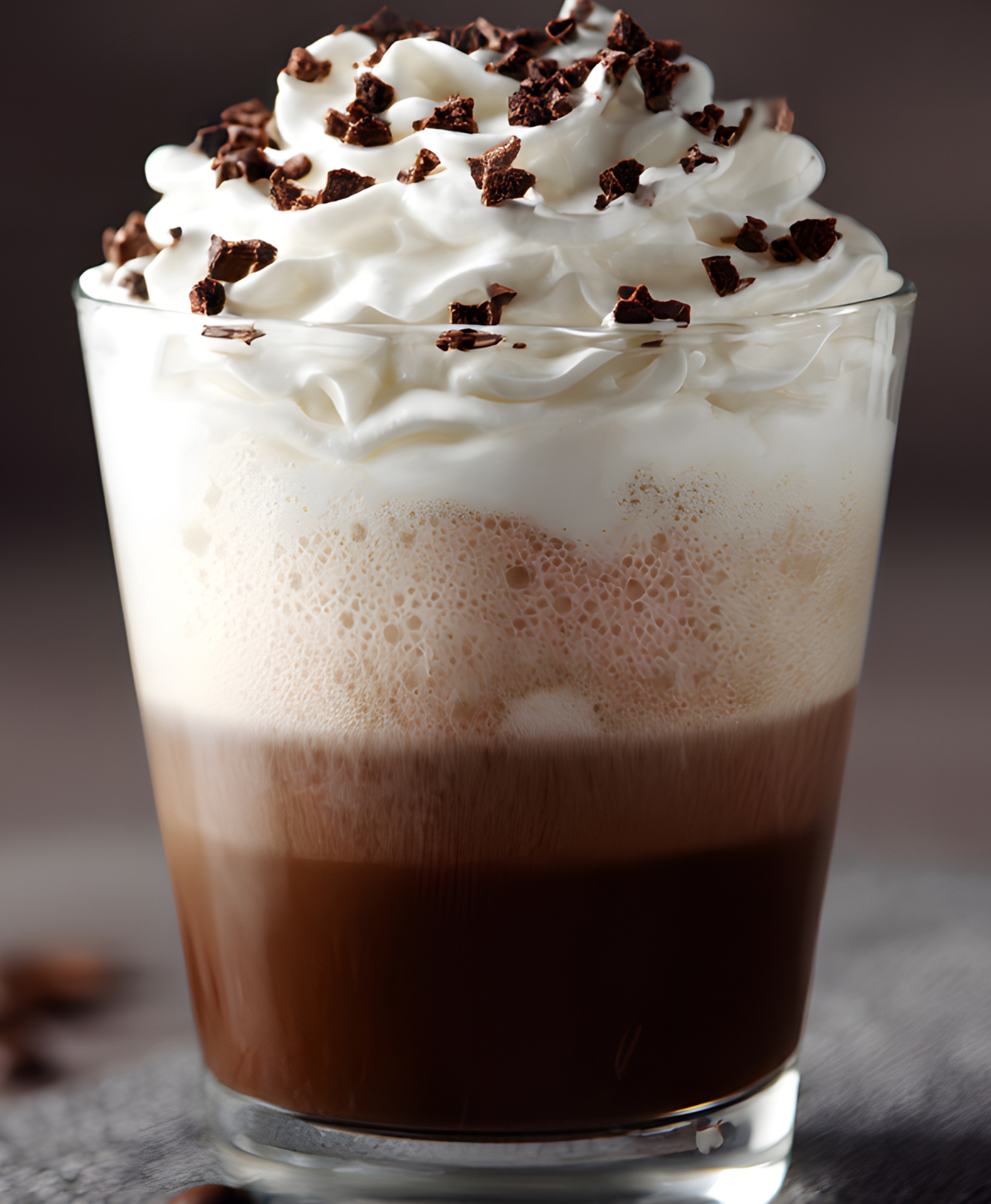 A glass of mocha coffee topped with whipped cream and chocolate shavings.