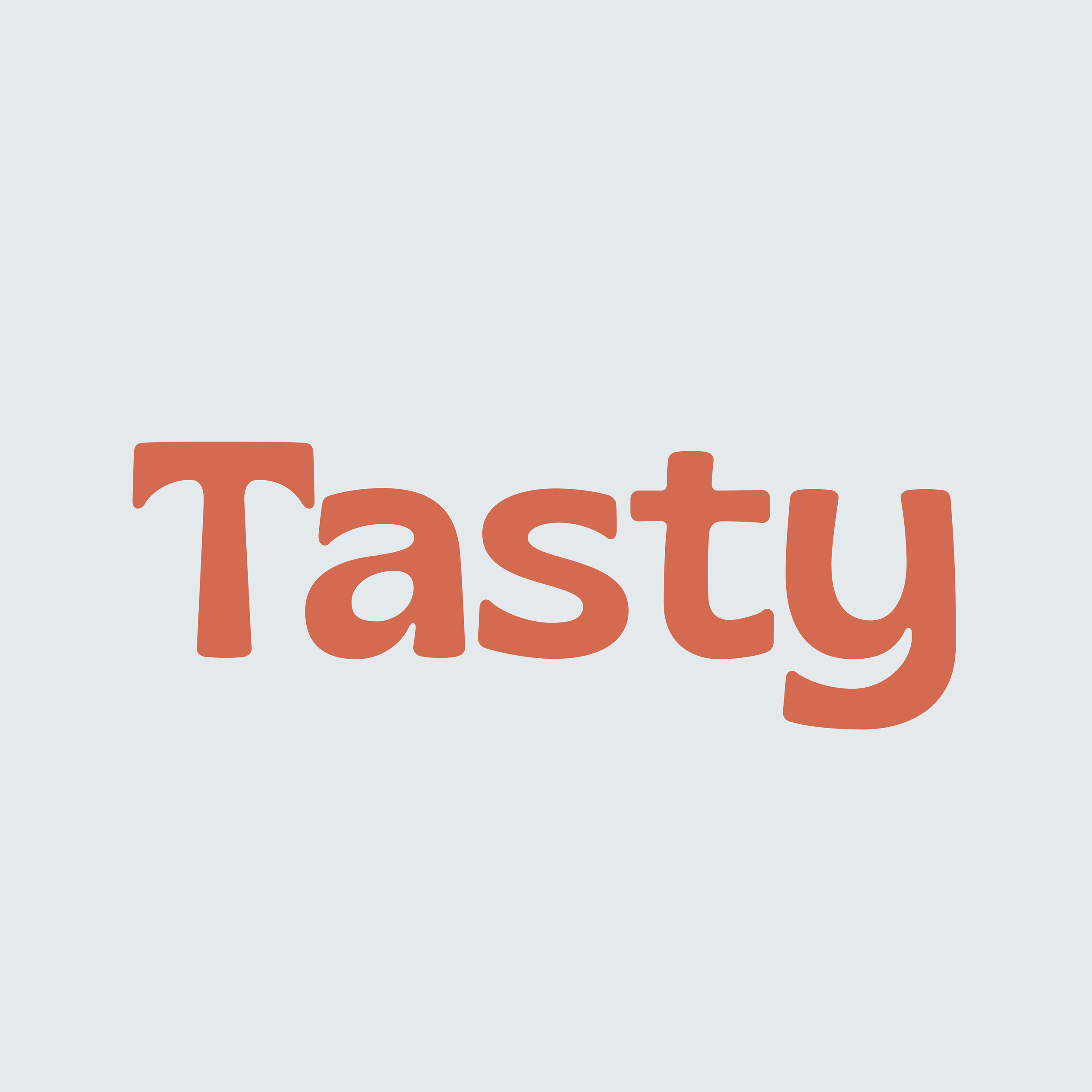 The word 'Tasty' written in large, brownish-orange letters on a light grey background.