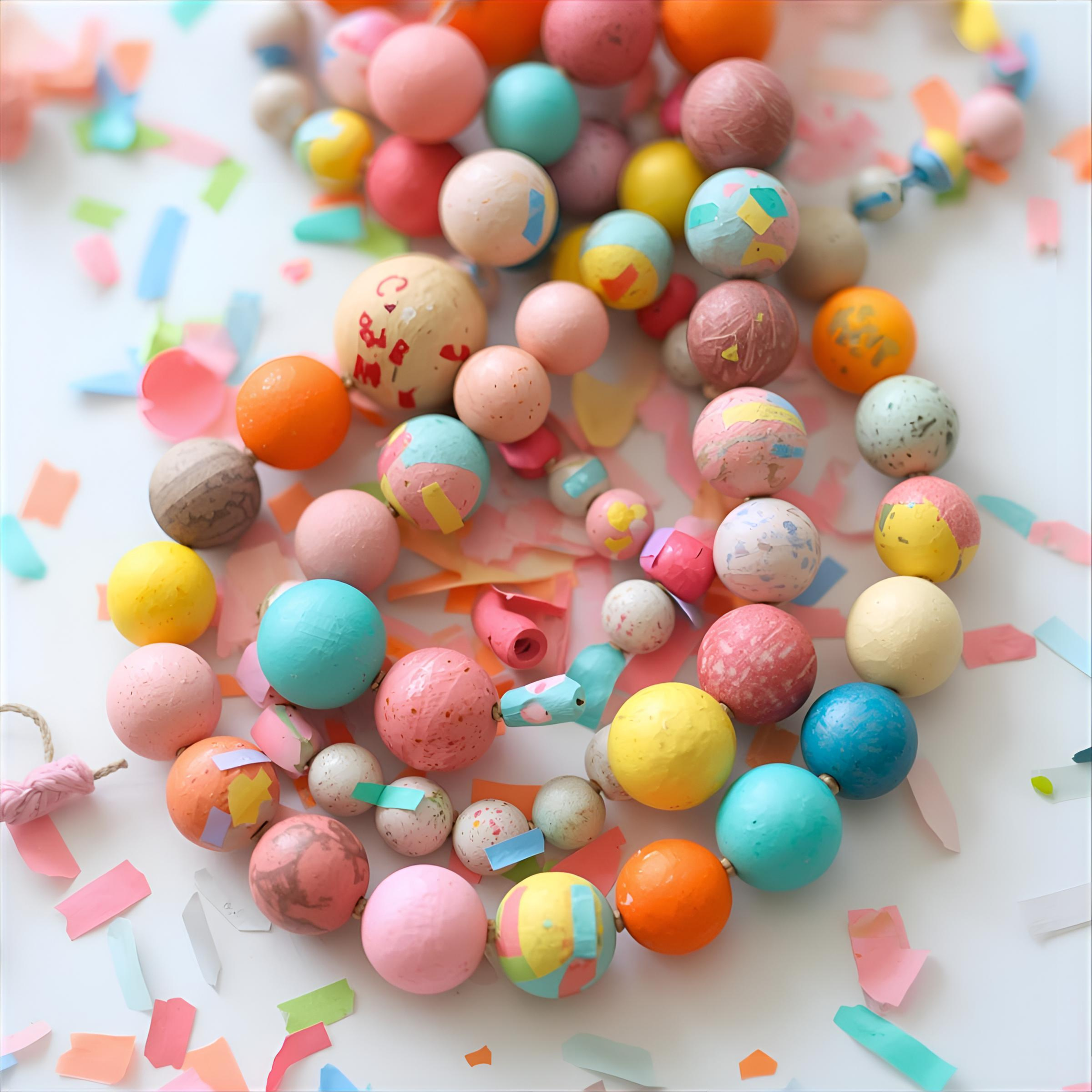 Colorful speckled and solid pastel Easter egg beads surrounded by scattered pastel paper confetti on a white surface.