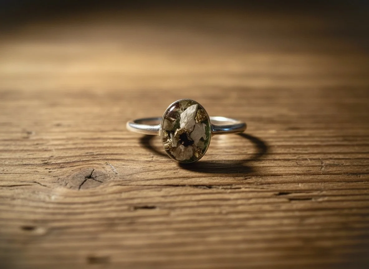 Silver ring with an oval-shaped gemstone containing green, brown, and white patterns, placed on a wooden surface.
