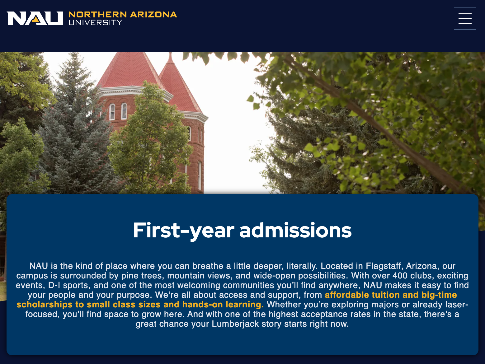 Screenshot of webpage on Northern Arizona University's website for First-year admissions.