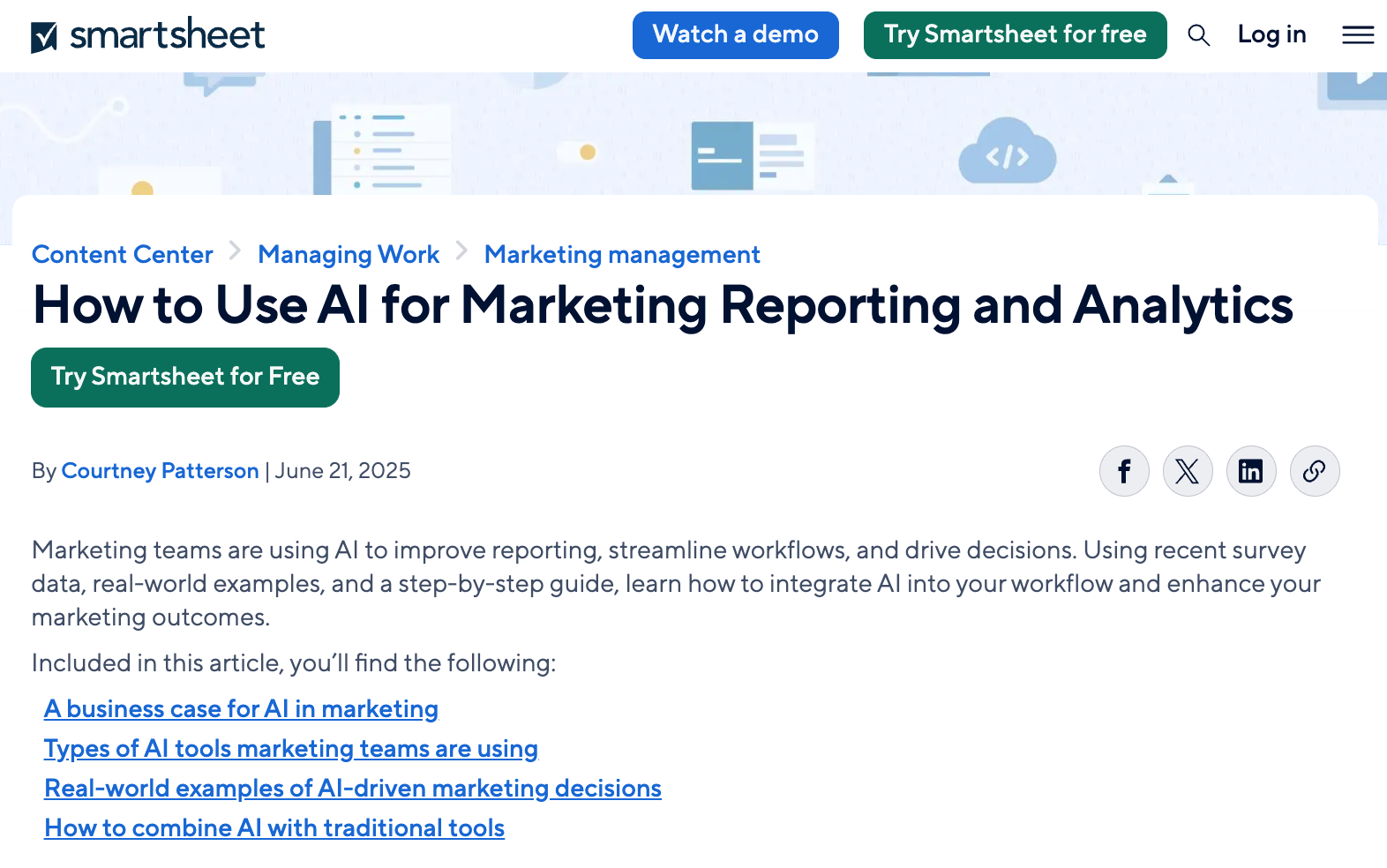 Screenshot of web article titled "How to Use AI for Marketing Reporting and Analytics."
