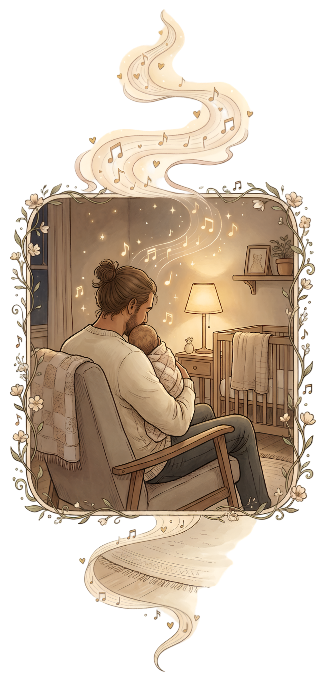 Illustration of a father holding a baby in a cozy nursery room, with musical notes emanating from the nightstand lamp, creating a dreamy, warm atmosphere.
