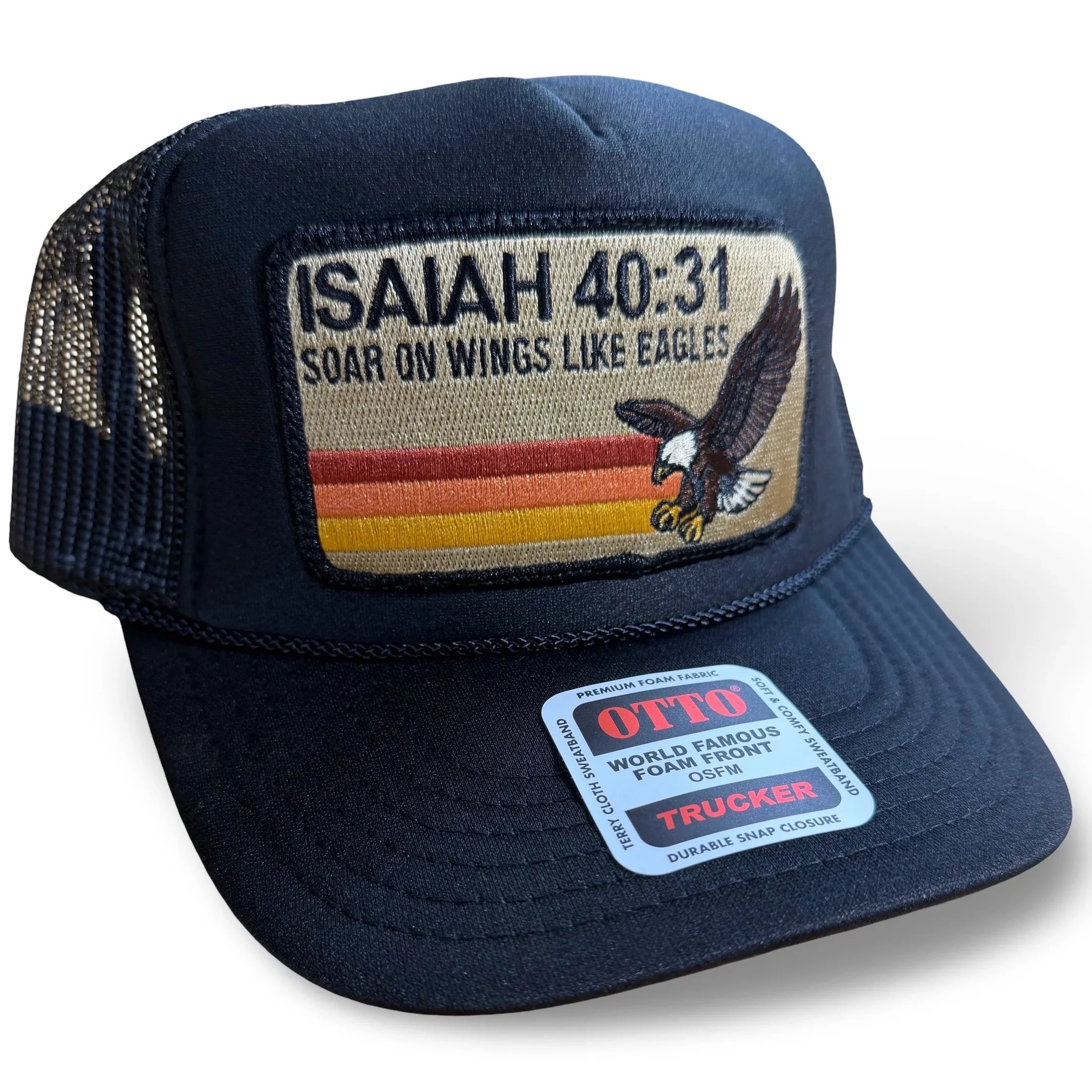 Black trucker hat with an embroidered patch stating Isaiah 40:31 and a bald eagle, with sunset colors in the background.