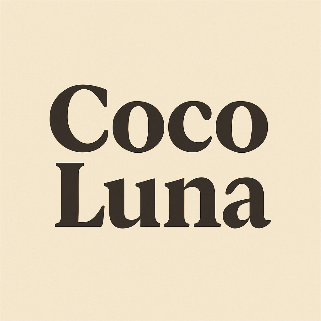 Text reading 'Coco Luna' in bold black font on a beige background.