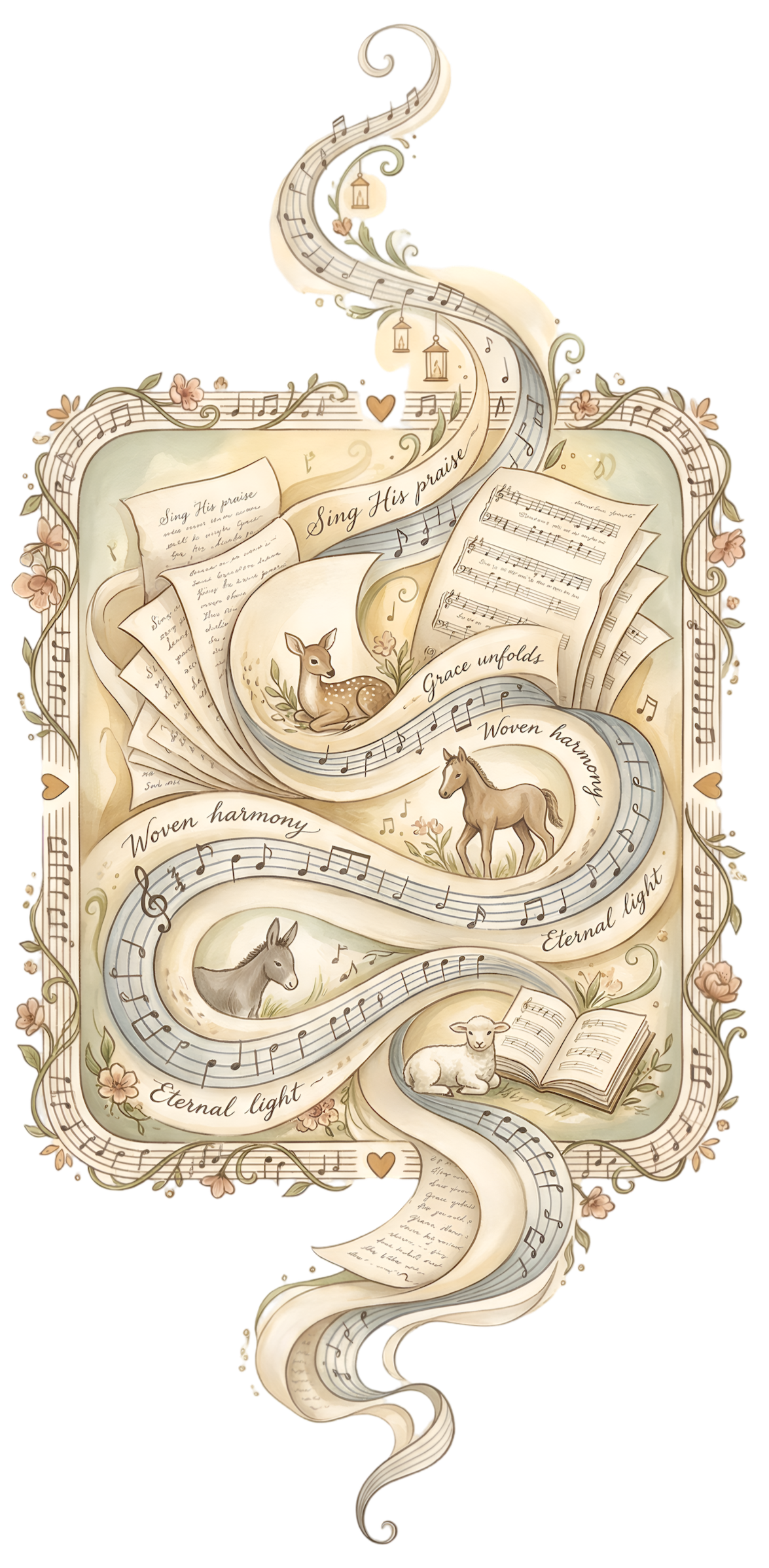 A musical-themed illustration with flowing sheet music, animals, and handwritten lyrics emphasizing praise, harmony, and eternal light.