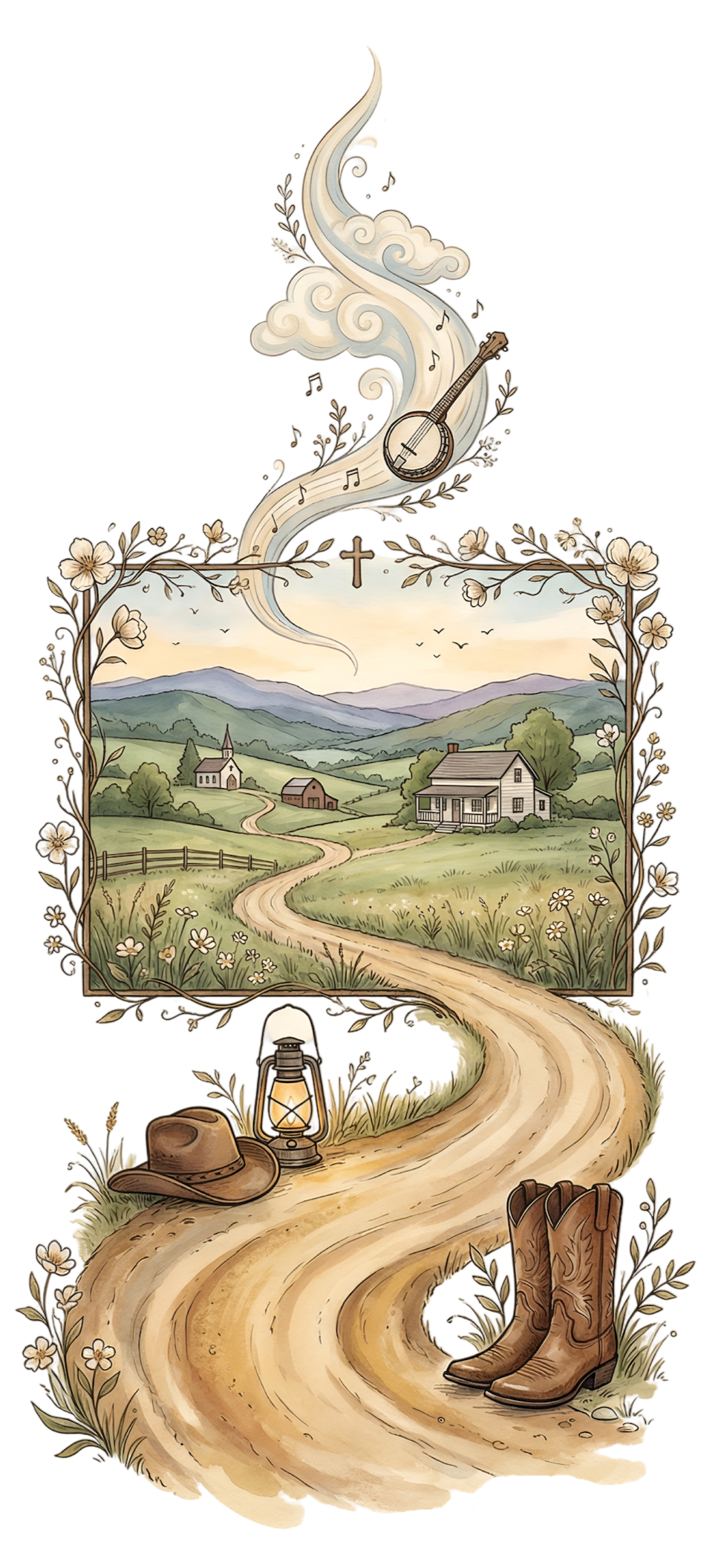 Illustration of a rural countryside scene with a dirt path leading past cowboy boots, a lantern, and a hat near some grass and flowers, with a landscape of hills, trees, houses and a church in the distance under a sunset sky, decorated with wind musical notes and clouds.