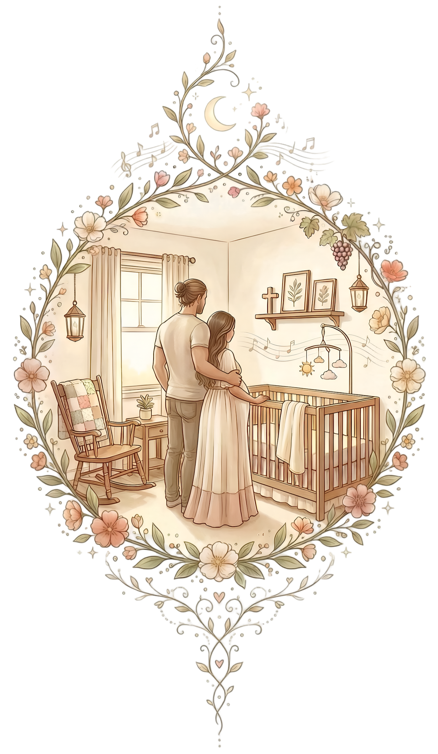 Illustration of a couple in a nursery, with the woman standing next to a crib and the man embracing her from behind, in a warmly lit room with floral wall art, a rocking chair, a window with curtains, and decorative picture frames and stained glass on the wall.