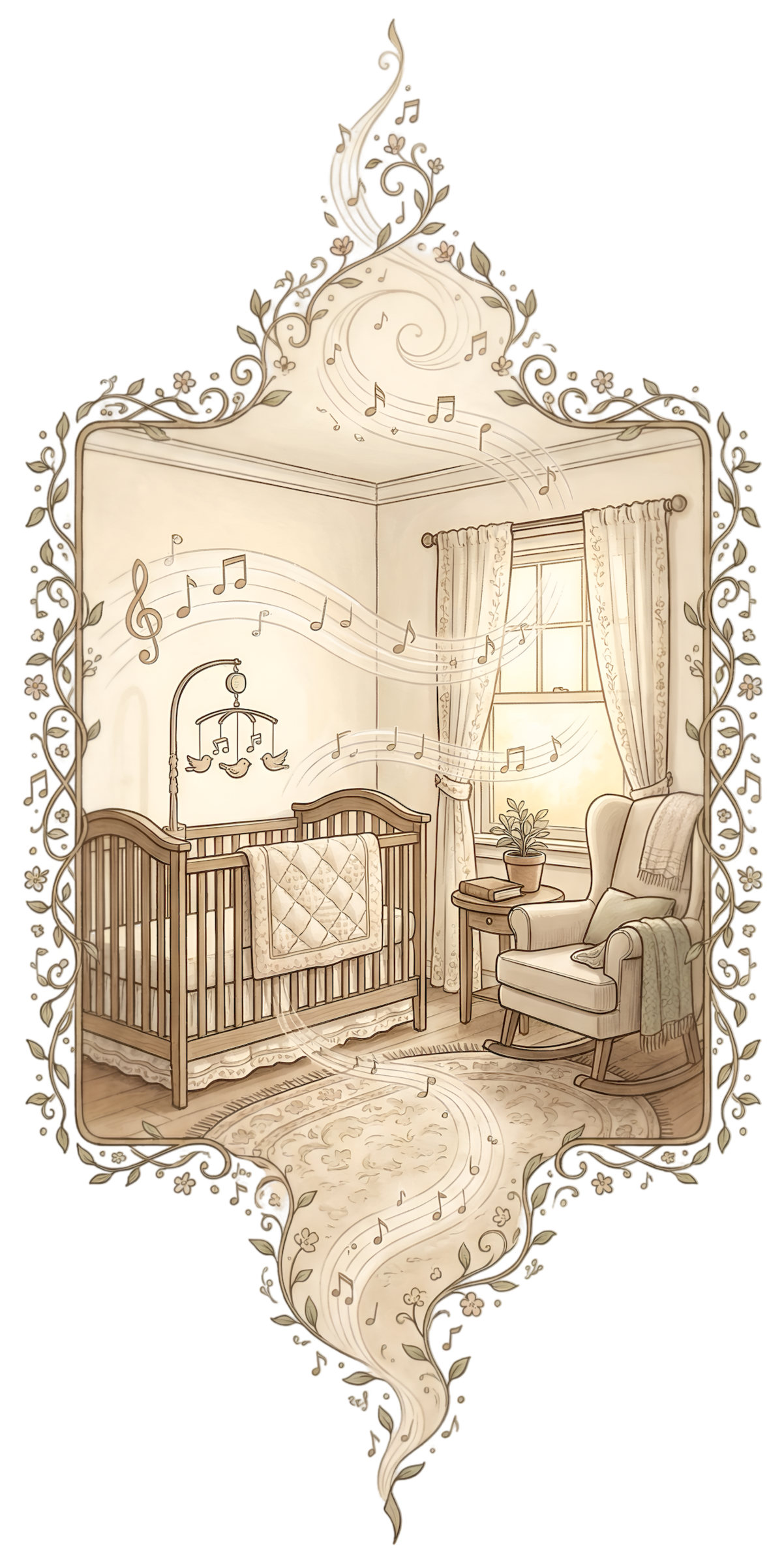 Illustration of a cozy nursery with a crib, rocking chair, window, and curtains. Musical notes and a swirl of music staff decorate the room, creating a whimsical, musical atmosphere.