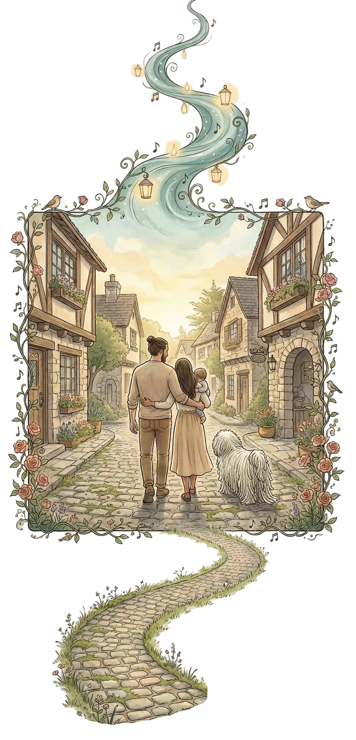 Animated illustration of a family walking down a cobblestone street in a quaint village with old stone houses, trees, and flowers. The scene is framed by a border of roses, and a swirling fairy tale-like path with lanterns and music notes rises into the sky.