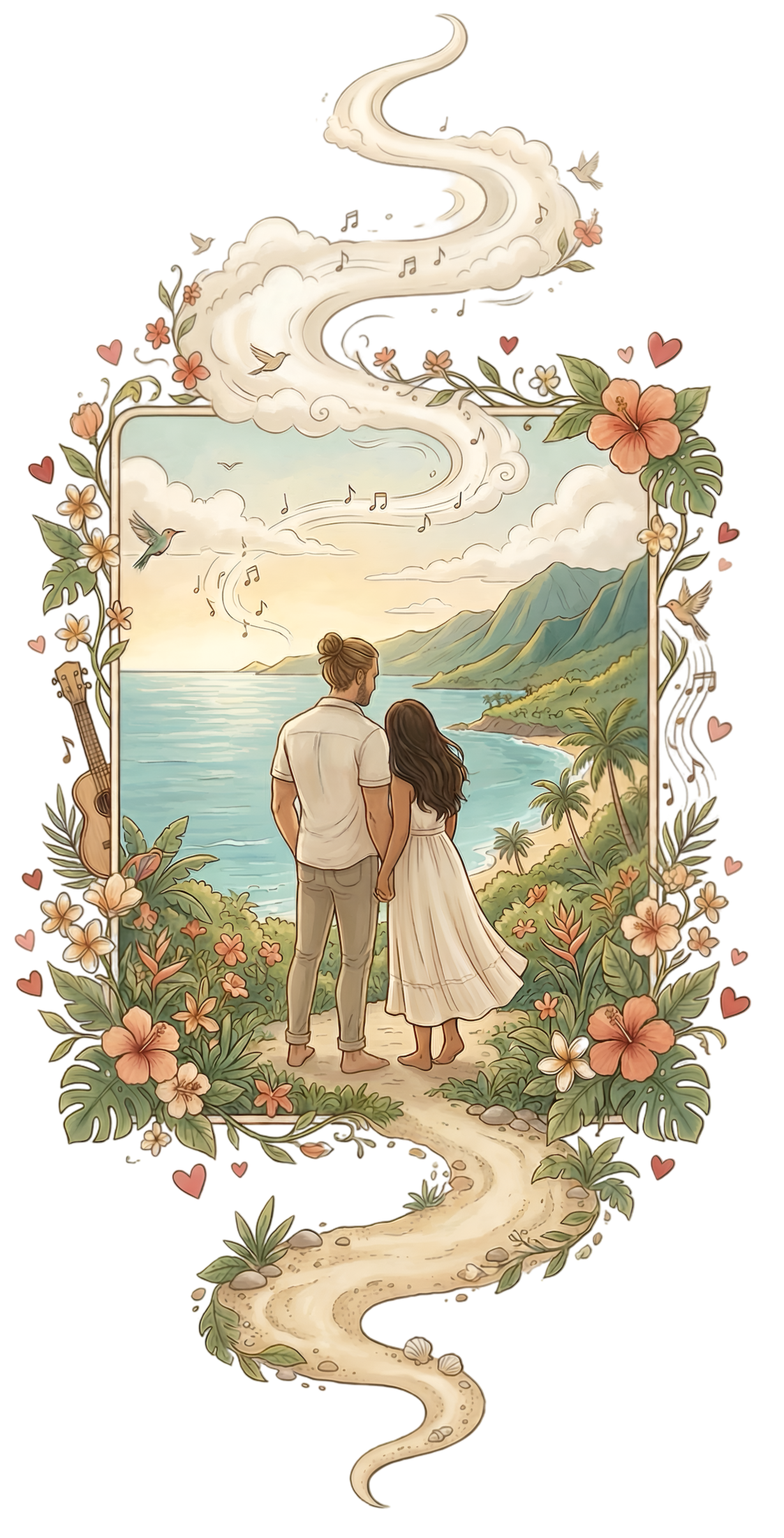 An illustrated scene of a couple holding hands and gazing at a scenic ocean view with mountains in the distance, framed with flowers, leaves, and a winding path, with musical notes and birds flying in the sky.