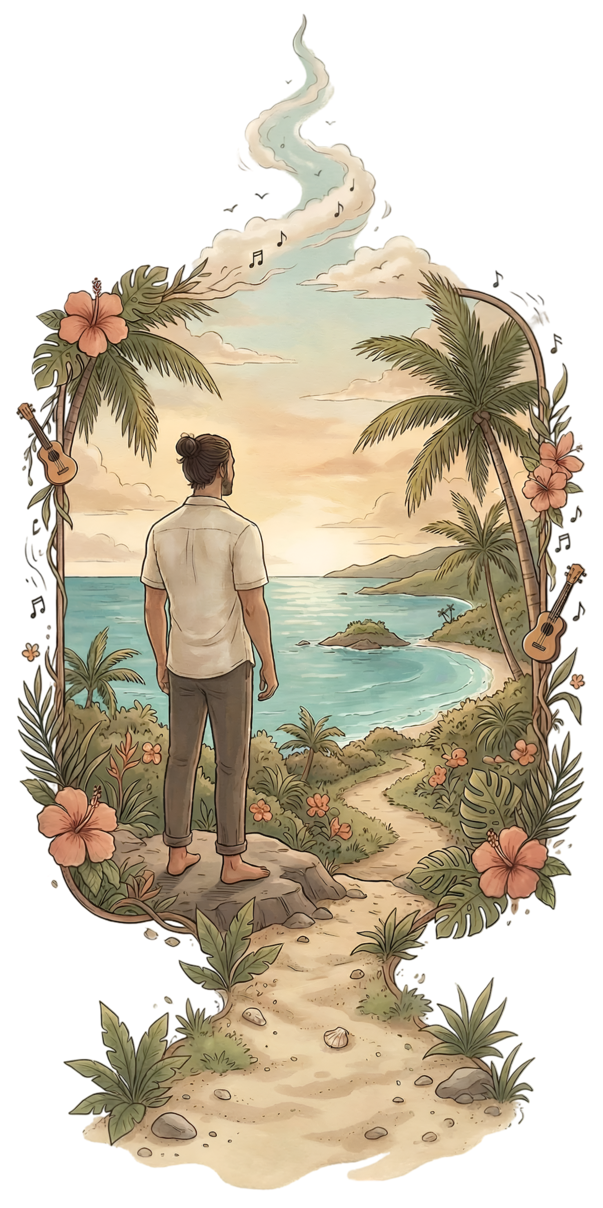 A man with a bun hairstyle standing barefoot on a tropical path, overlooking the ocean with palm trees, rocks, and distant islands, surrounded by hibiscus flowers and musical instruments in a decorative border.