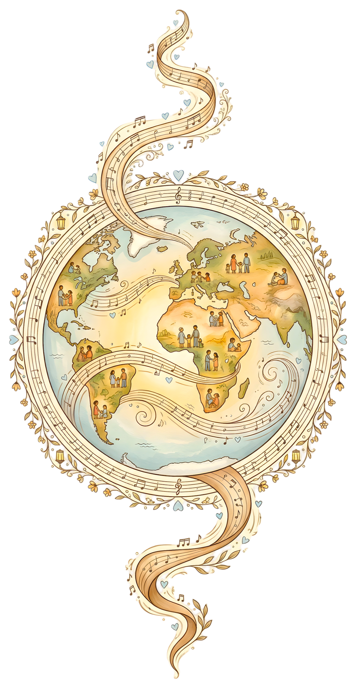 A creative illustration of the Earth with a musical staff wrapped around it, featuring various scenes of people from different parts of the world engaging in activities like dancing, talking, sitting, and walking, symbolizing global unity and harmony.