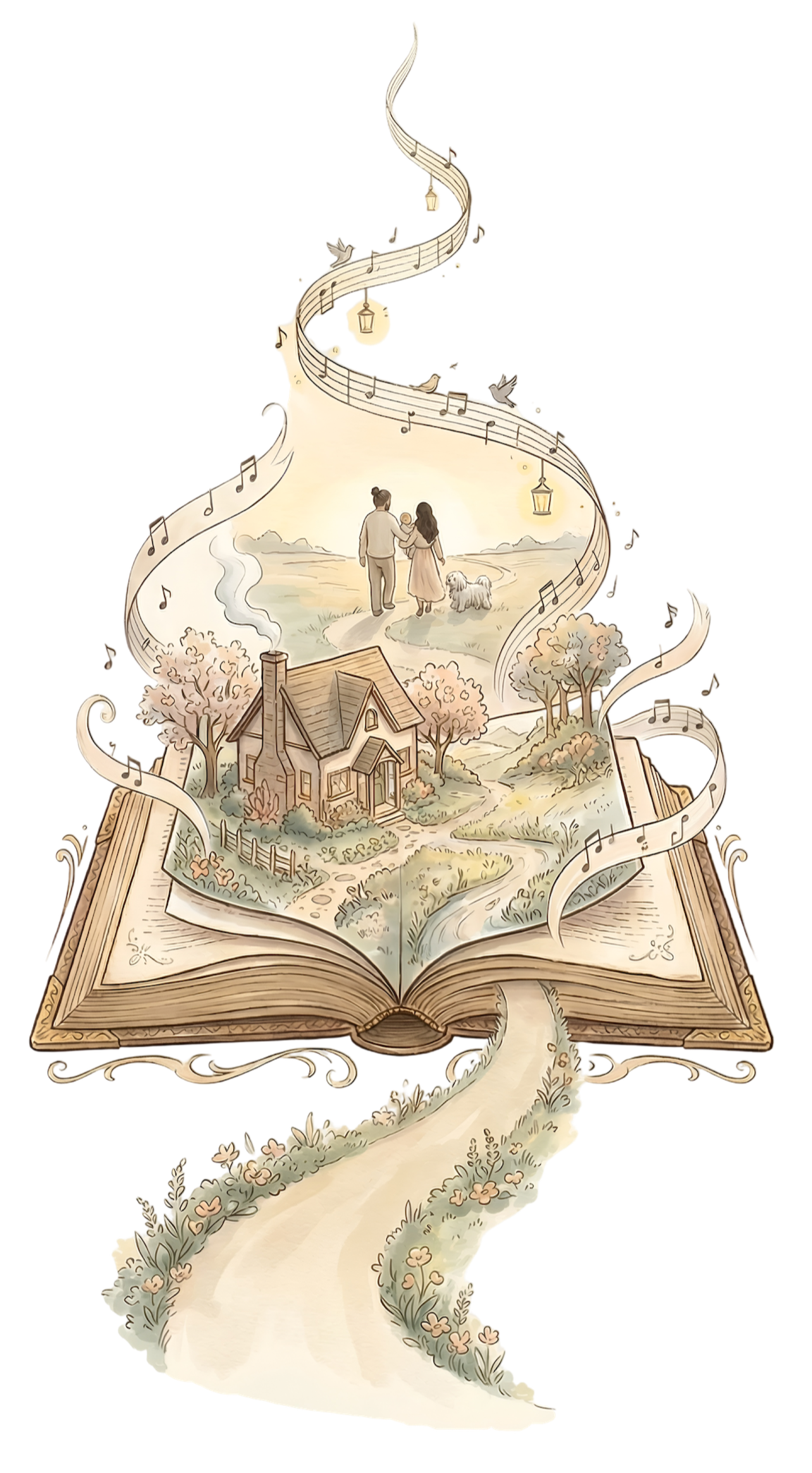 A whimsical open storybook with pages transforming into a winding path and a landscape. The scene includes a house, trees, a couple walking with a dog, and musical notes spiraling upward, creating a magical storybook scene.