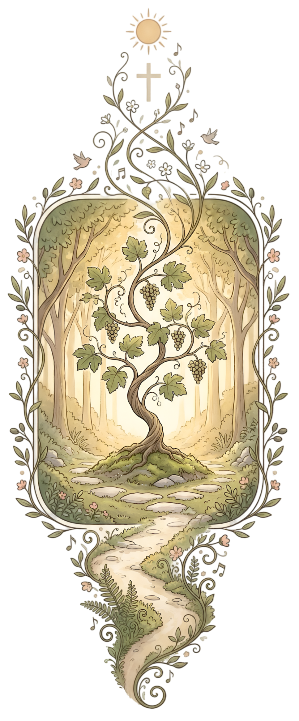 A mystical, decorative illustration of a grapevine tree with a swirling trunk, green leaves, and grape clusters, set in an enchanted forest, with an ornate border and a radiant sun at the top.