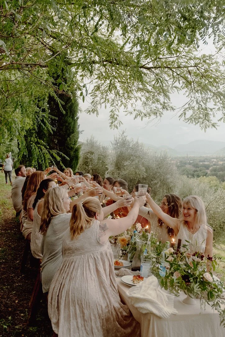 People gathered around a long outdoor table, raising glasses for a toast in a lush, green garden with a scenic view.