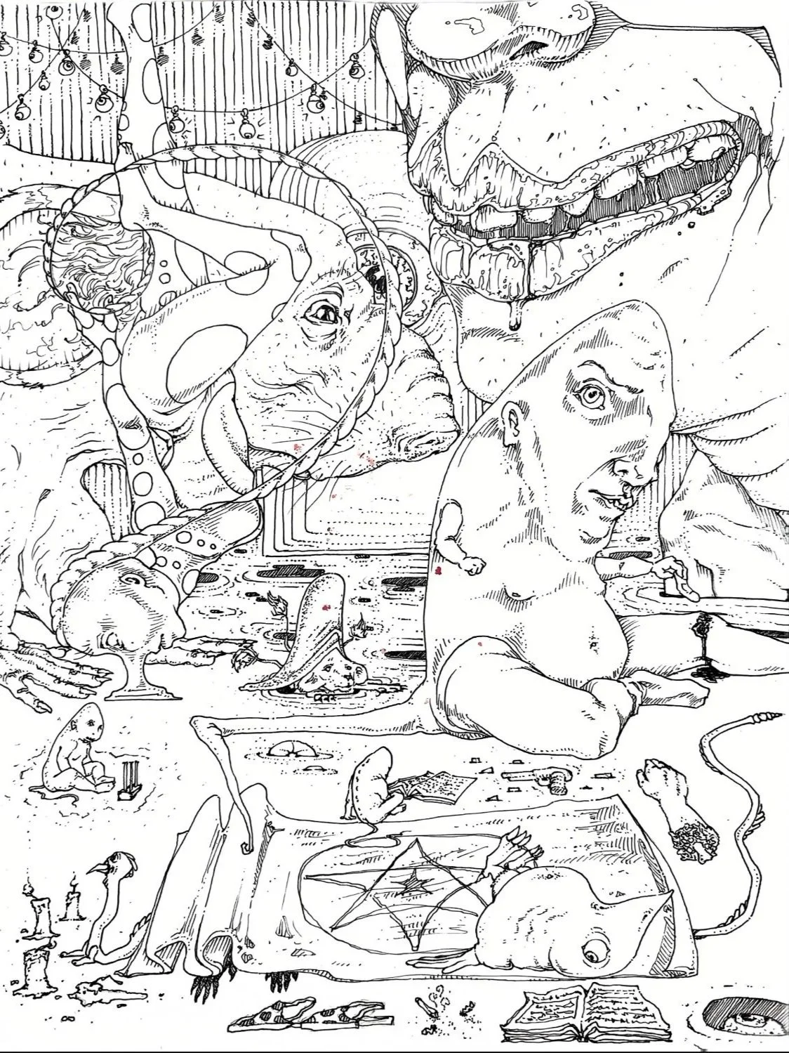 Black and white illustration featuring various imaginative creatures and characters, including a dinosaur, a rat, a person with a third eye, a fish with a pentagram, and multiple fantastical elements like candles and books.
