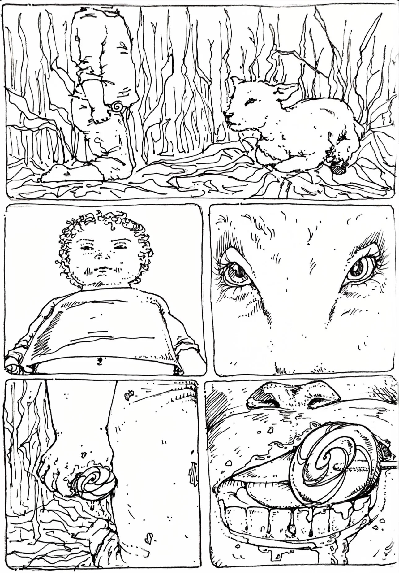 Black and white line drawing depicting various animals and a person in a forest. Shows a person standing near a sheep, a close-up of a child's face, a lion's eyes, a person's hand holding a snail, and an animal with a snail on its nose.