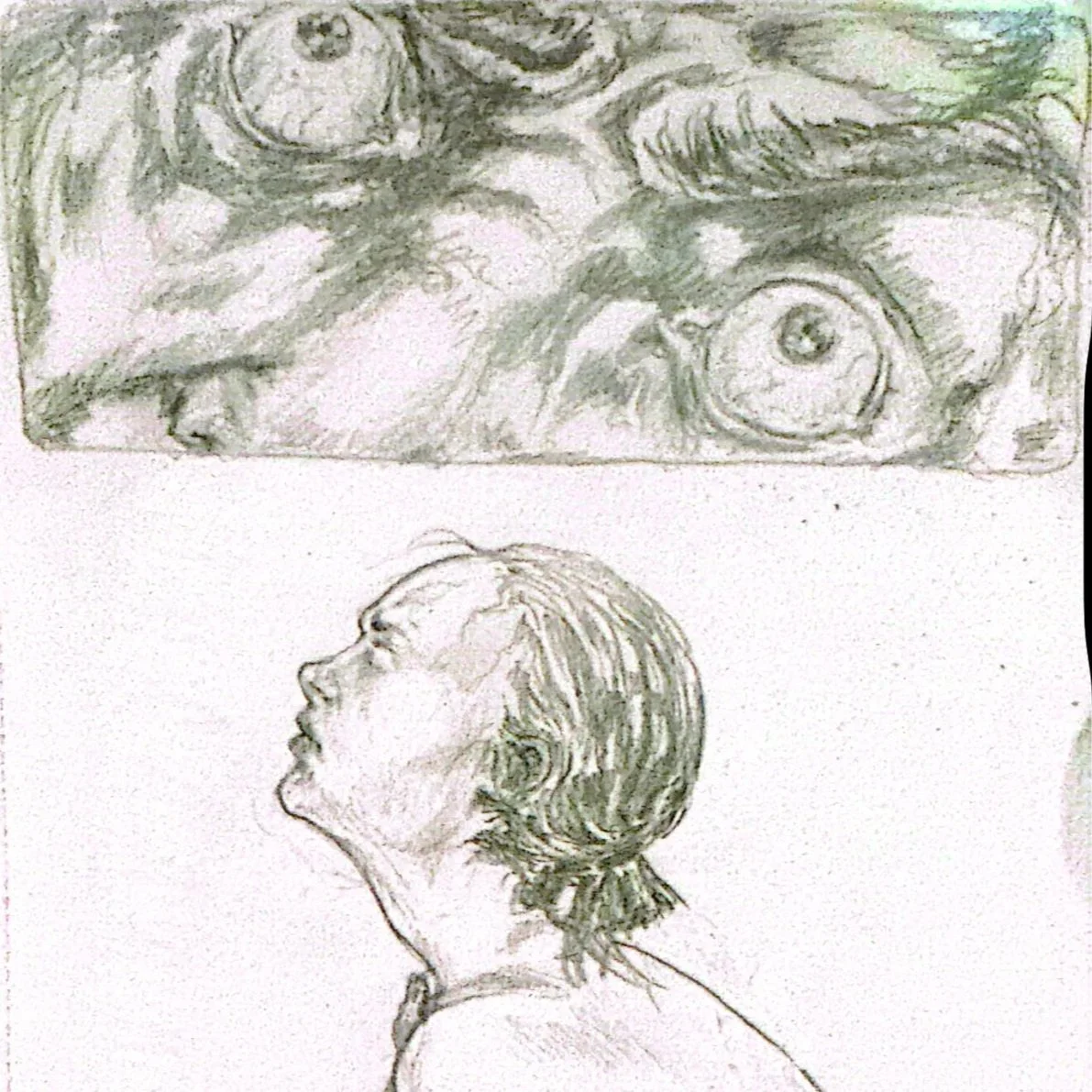 A pencil sketch of a woman's profile with her hair tied back, looking upward, and a rough sketch of an eye and face elements above.