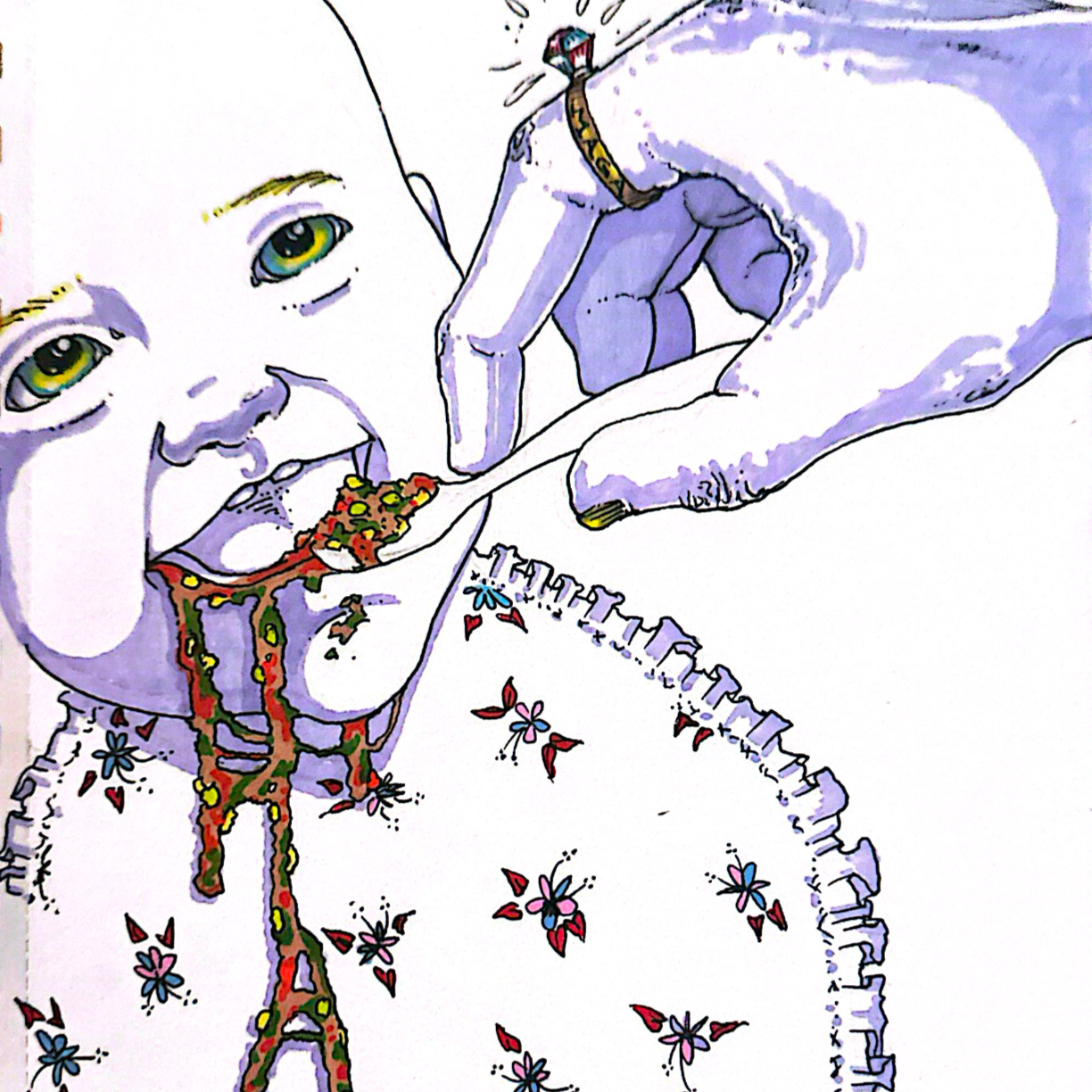 A cartoon drawing of a baby with large green eyes, eating spaghetti and flowers, with the spaghetti and flowers dripping from its mouth and body. The baby is holding a spoon and wearing a dress with flowers.