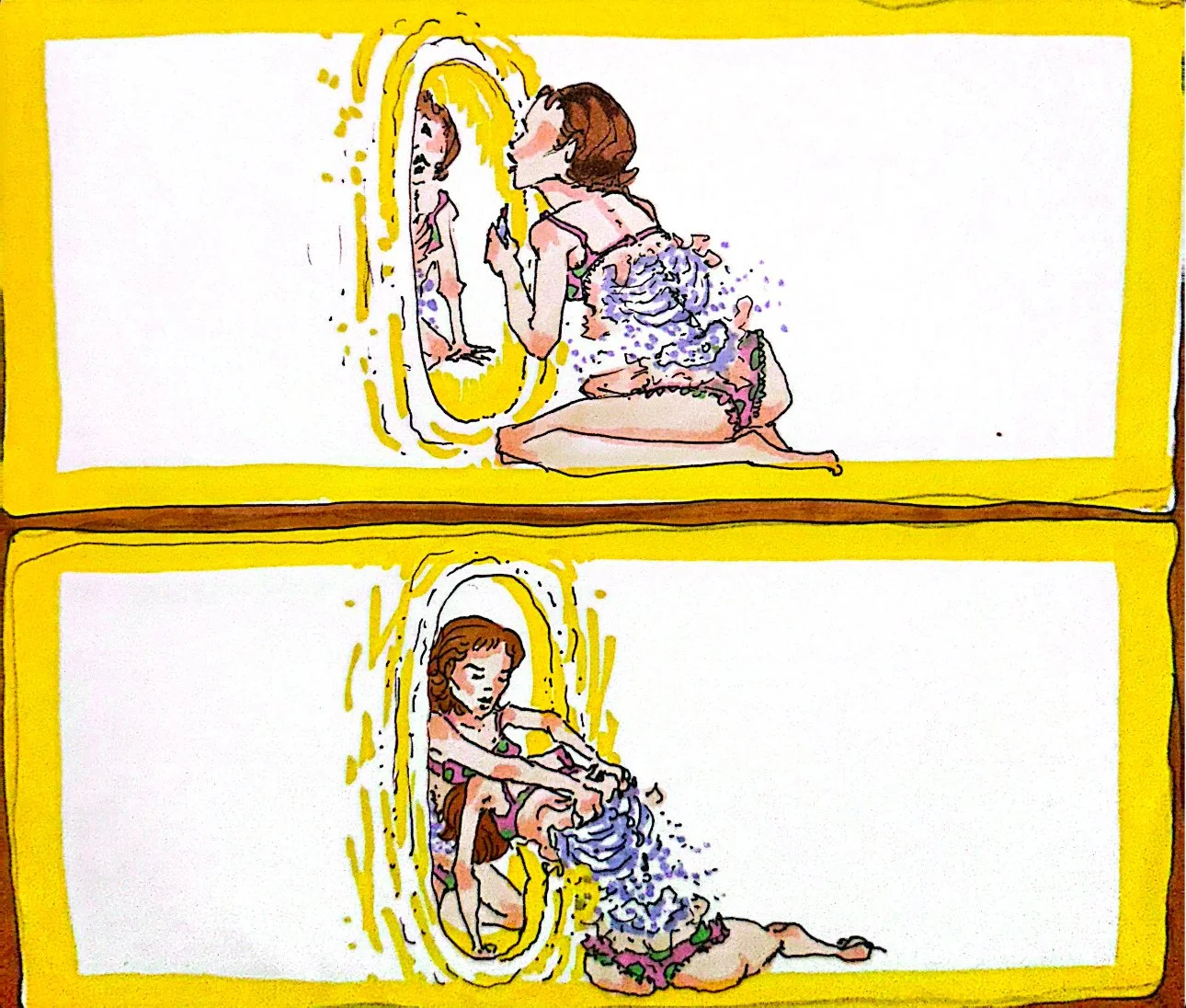 A comic-style illustration showing a girl in pajamas looking into a mirror, transforming into a mermaid with flowing hair and a seashell top, with the mirror's reflection showing her without mermaid features.