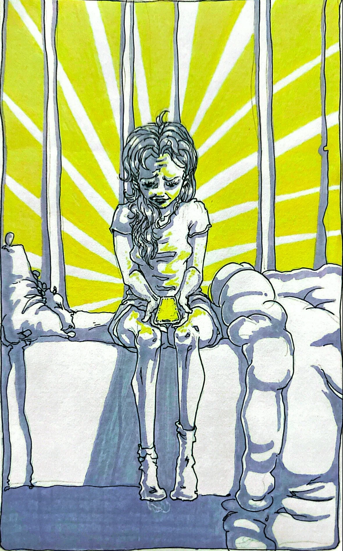 A drawing of a young woman sitting on a bed, looking sad or contemplative, holding a yellow phone. The background has yellow rays emanating from behind her, resembling sunlight or a spotlight.