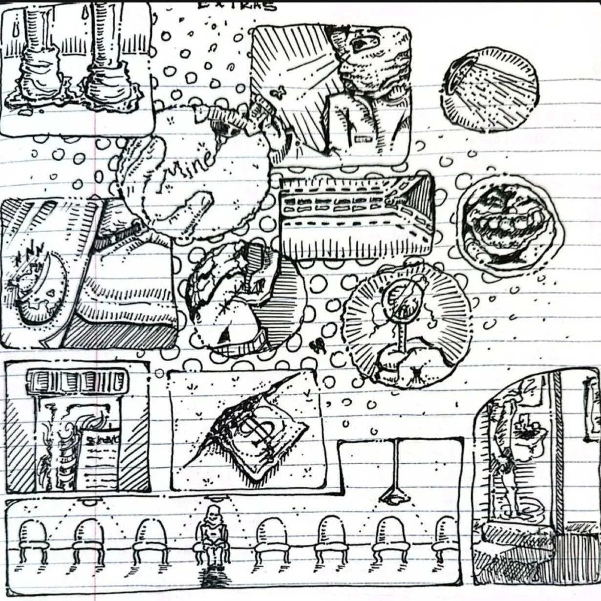 Black and white sketch of various food items on a table, including donuts, a slice of cake, a burger, a muffin, and a bowl of soup, with a hand holding a donut labeled "mine".