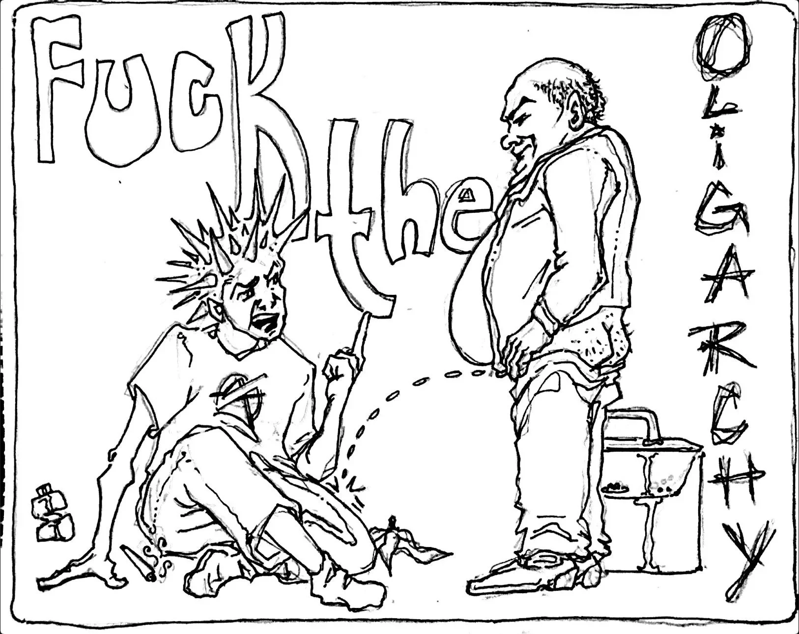 A black and white cartoon drawing depicting a young person with spiky hair holding a sign that says 