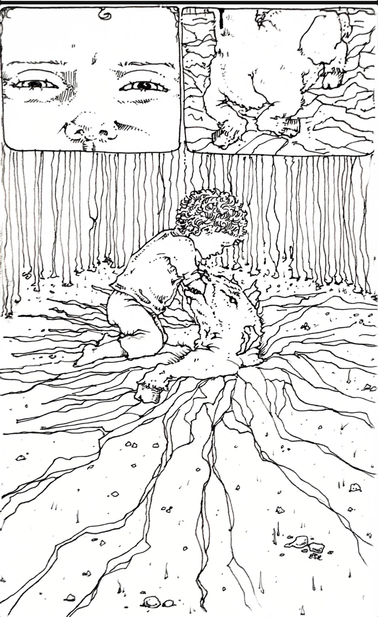 A child with curly hair kneeling and hugging a dog in a room with a wood-paneled wall. Two panels above show a close-up of a person's face and a pair of dog paws.