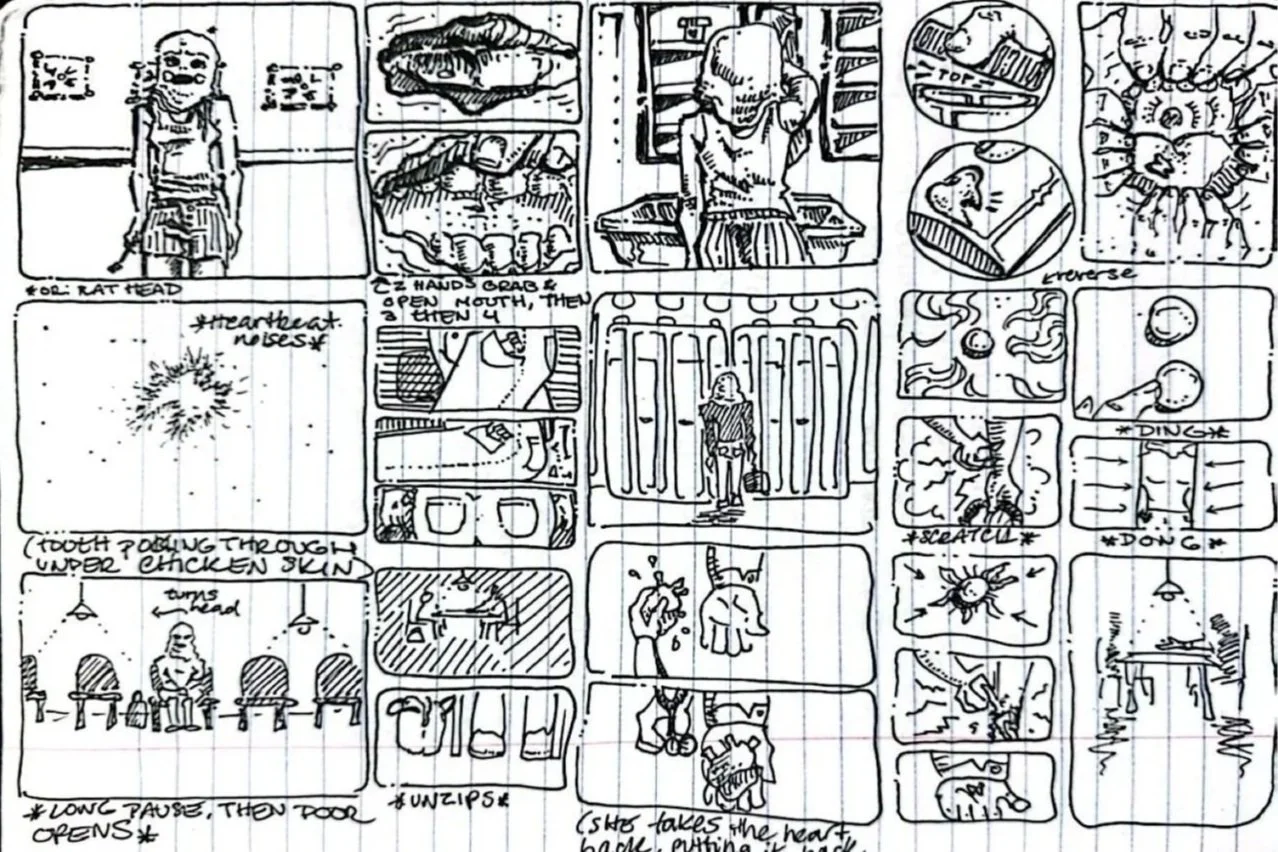A detailed sketch resembling a comic strip or storyboard with multiple panels depicting various scenes, including a girl with pigtails, a person with a mask or helmet, a person behind bars, and various actions and objects such as hands, food, and insects. Text annotations describe actions like choking, cutting, and talking, along with some sound effects.