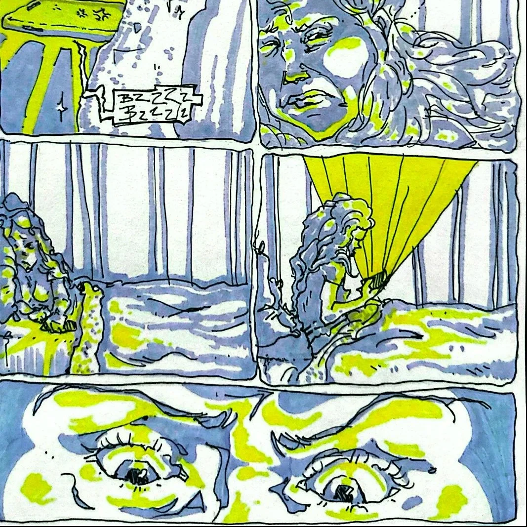 A comic-style illustration of a woman lying on a bed, reading a book with a yellow lampshade beside her, with a close-up of her eyes at the bottom. The scene is drawn in blue and yellow tones.