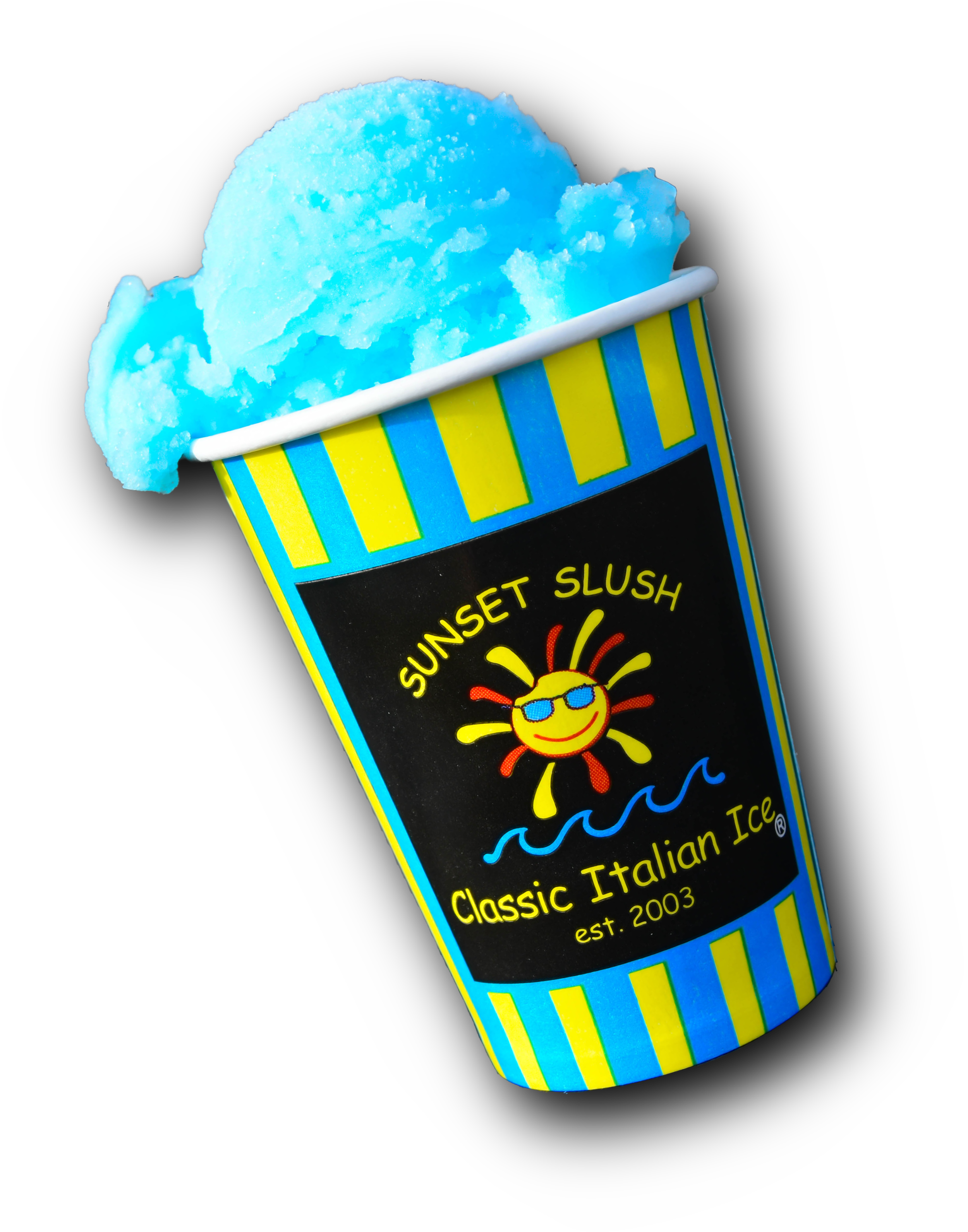 Blue ice cream scoop in a yellow and blue striped cup labeled 'Sunset Slush, Classic Italian Ice, est. 2003' with a smiling sun wearing sunglasses on a black background.