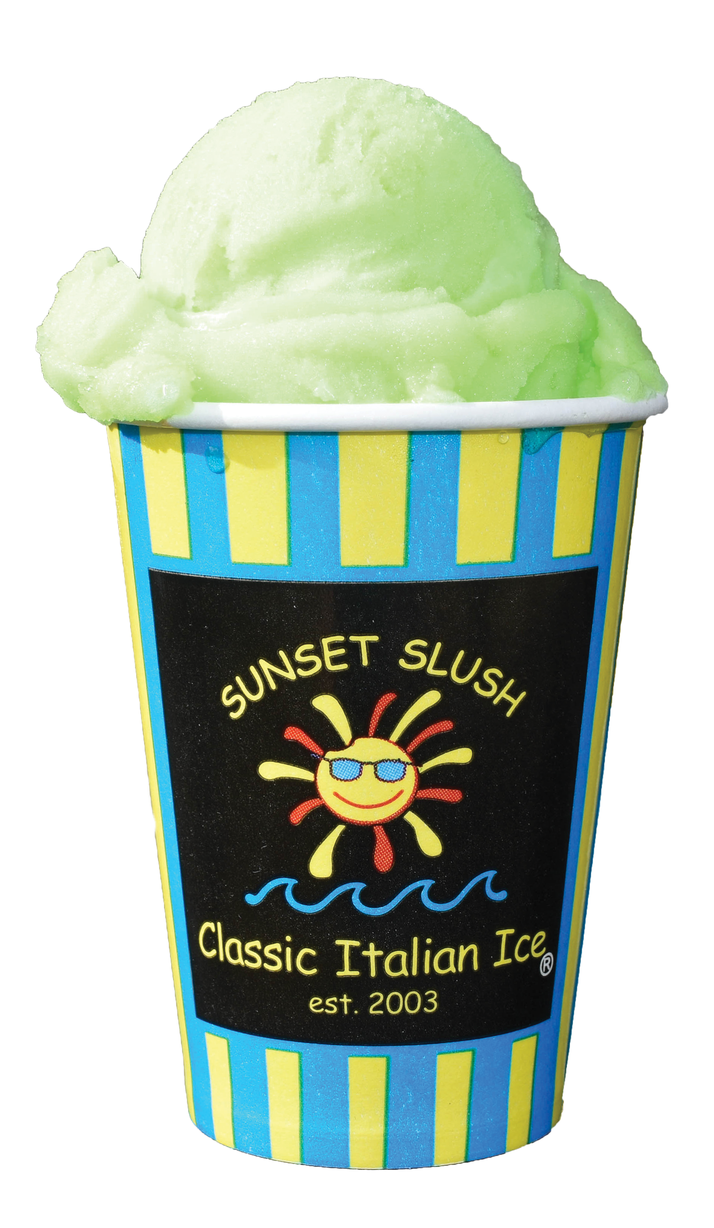 A cup of green Italian ice topped with a scoop of matching lemon-green frozen treat, in a colorful striped cup labeled "Sunset Slush, Classic Italian Ice, est. 2003," featuring a smiling sun wearing sunglasses.
