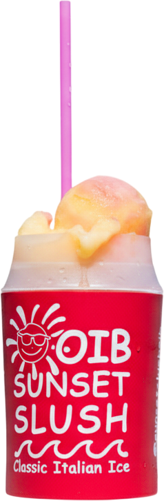 A pink popsicle with a red can of Sunset Slush Classic Italian Ice underneath it.