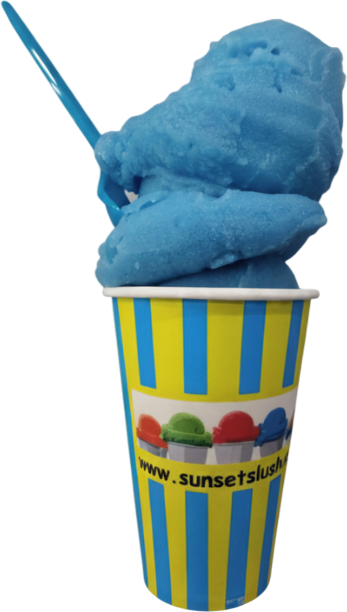 A cup of bright yellow and blue striped ice cream with a scoop of blue cotton candy on top and a blue spoon inserted into the cotton candy.