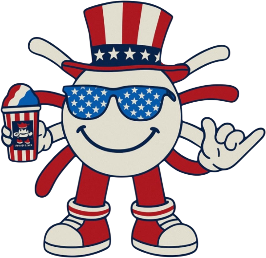 A cartoon character with a smile, wearing an Uncle Sam hat and star-spangled sunglasses, holding a patriotic drink and making the rock on hand gesture with the other hand.