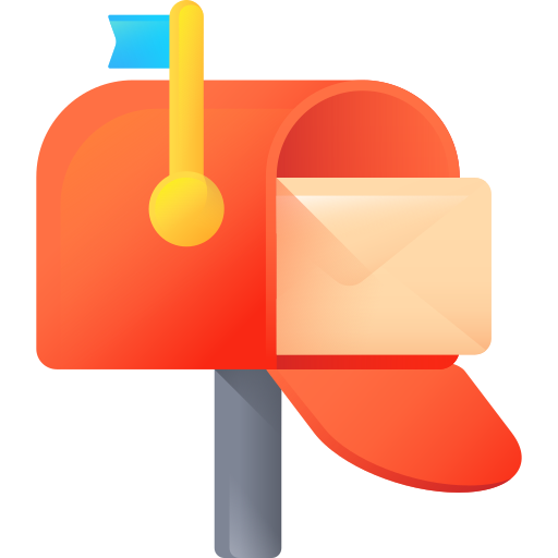 Red mailbox with a blue flag and an envelope sticking out.