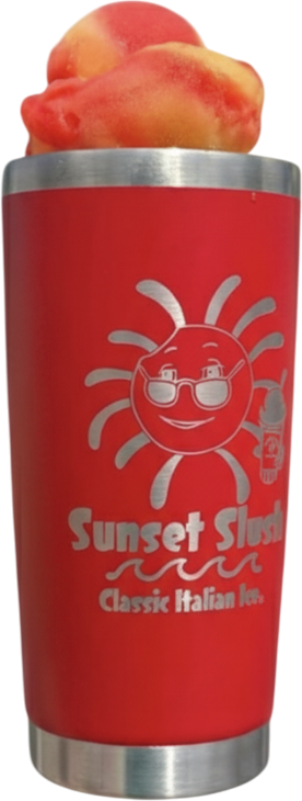 A red travel mug with a sun wearing sunglasses and the text 'Sunset Slush Classic Italian Ice' written on it, with two peach-flavored ice pops sticking out of the top.