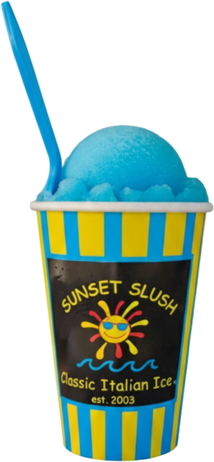 A cup of blue sunset slush with a blue spoon, labeled as Classic Italian Ice, with a smiling sun logo.