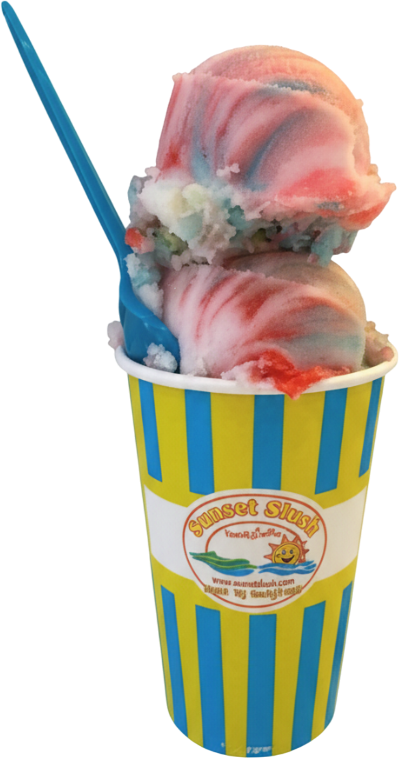Two scoops of pink and white swirled ice cream in a blue and yellow striped cup with a blue spoon.