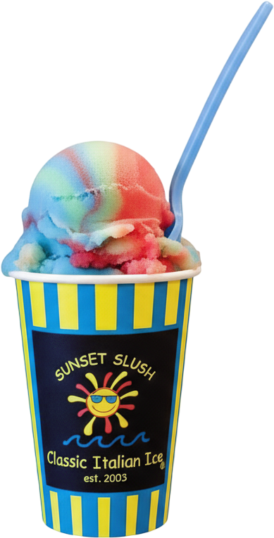 Colorful rainbow-colored ice cream in a striped cup with a straw, labeled 'Sunset Slush Classic Italian Ice'.