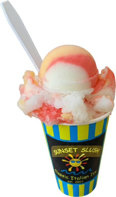 A cup of sunset slush with a scoop of peach and vanilla ice cream and a spoon