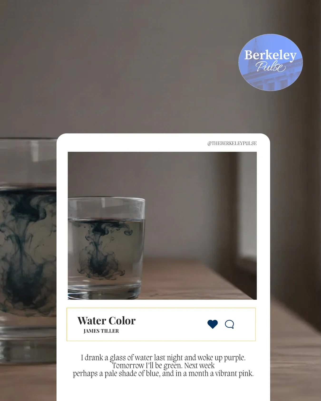 I drank a glass of water last night and woke up purple. Tomorrow I&rsquo;ll be green. Next week
perhaps a pale shade of blue, and in a month a vibrant pink.
My mom had a sip and turned bright orange. She complained it clashed with her dress

🔗Read m