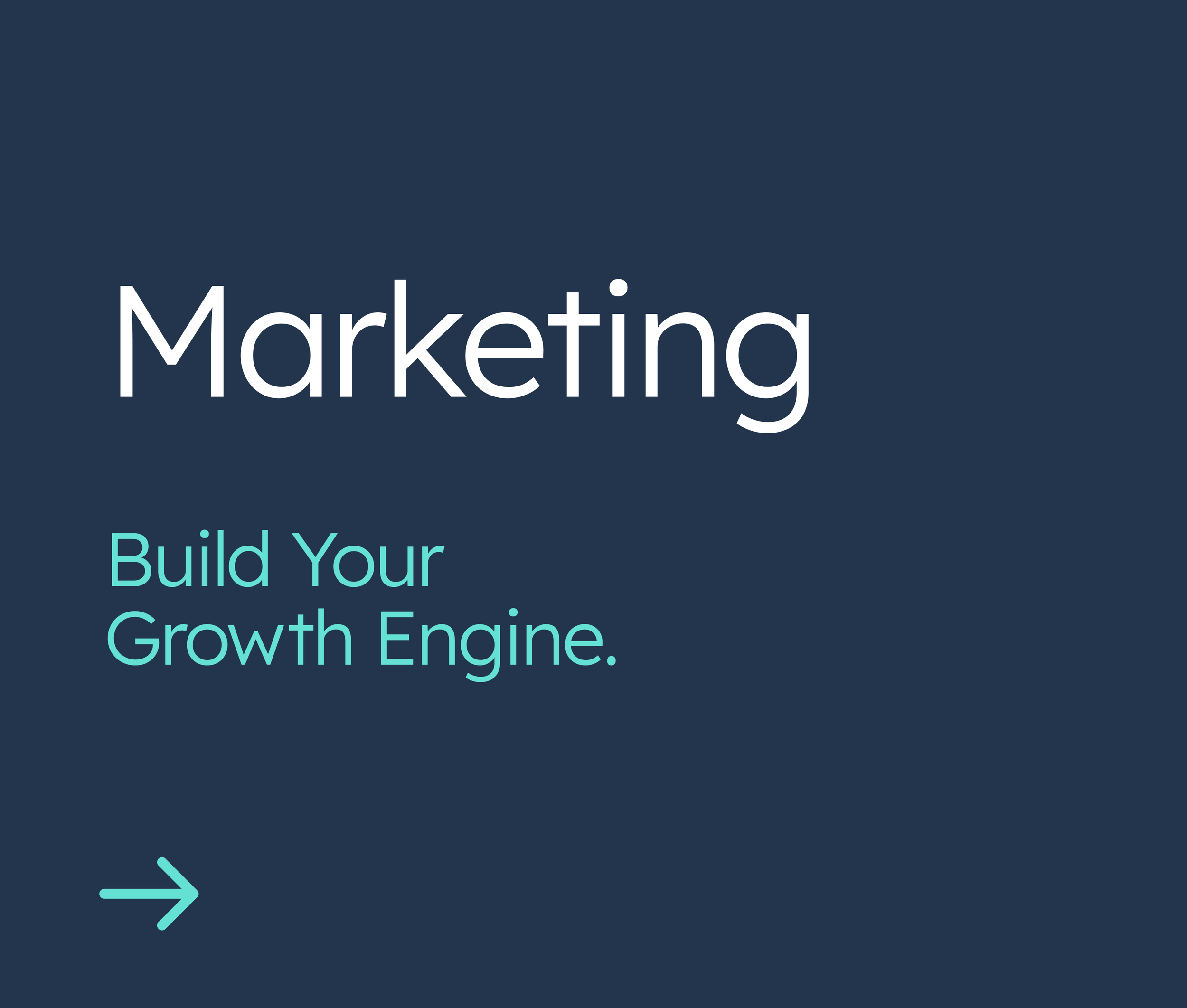 Slide presentation titled 'Marketing' with subtitle 'Build Your Growth Engine' and a teal arrow pointing left.
