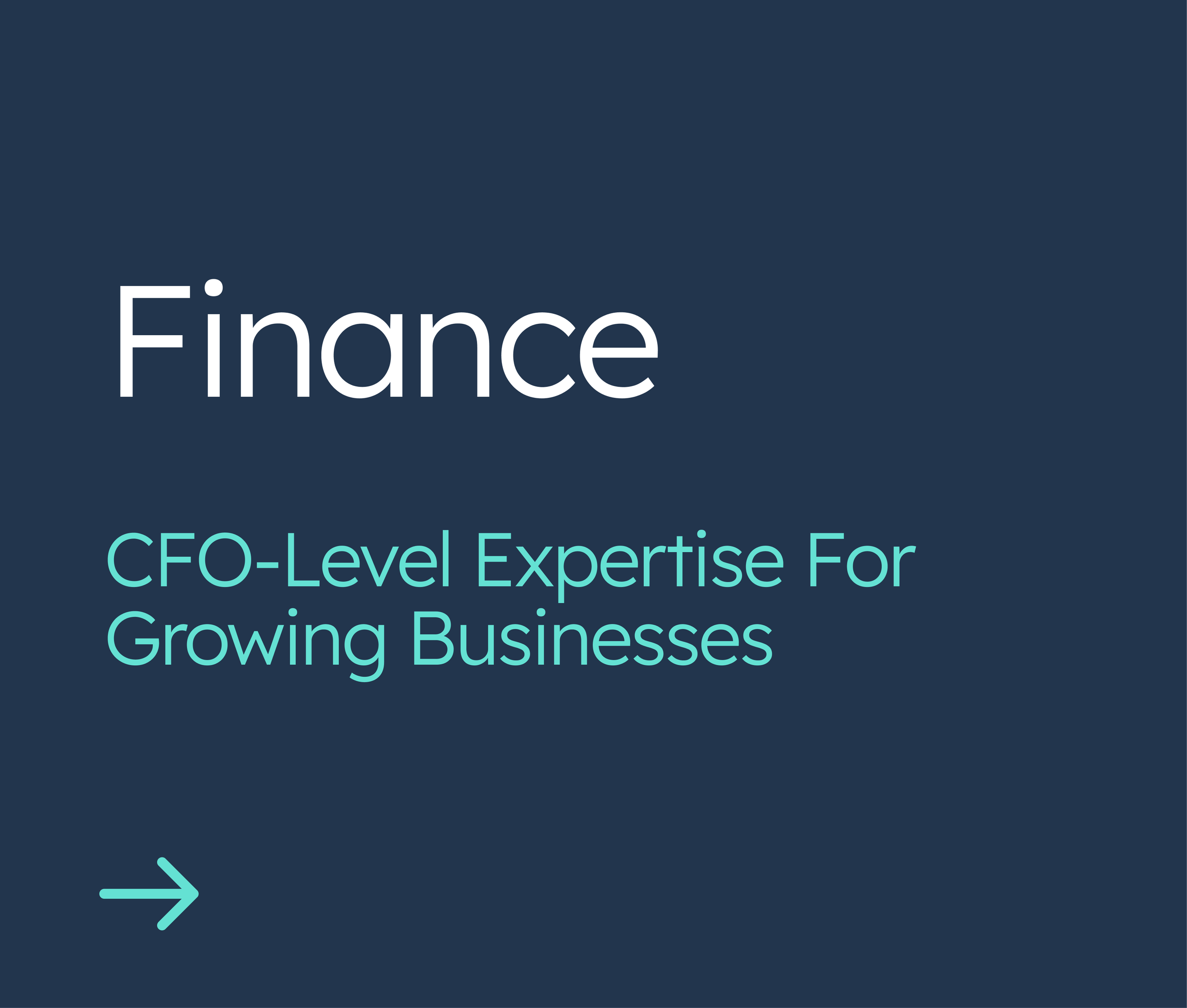 Presentation slide titled 'Finance' with subtitle 'CFO-Level Expertise For Growing Businesses' and an arrow pointing to the left.