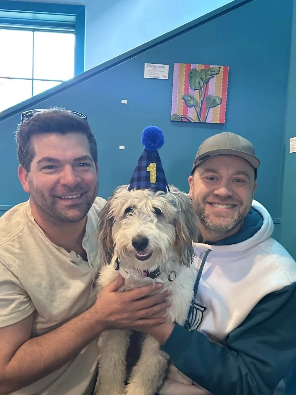 Two men smiling and holding a fluffy dog wearing a blue and black checkered birthday hat with a yellow number 1, in a room with blue walls and a window.