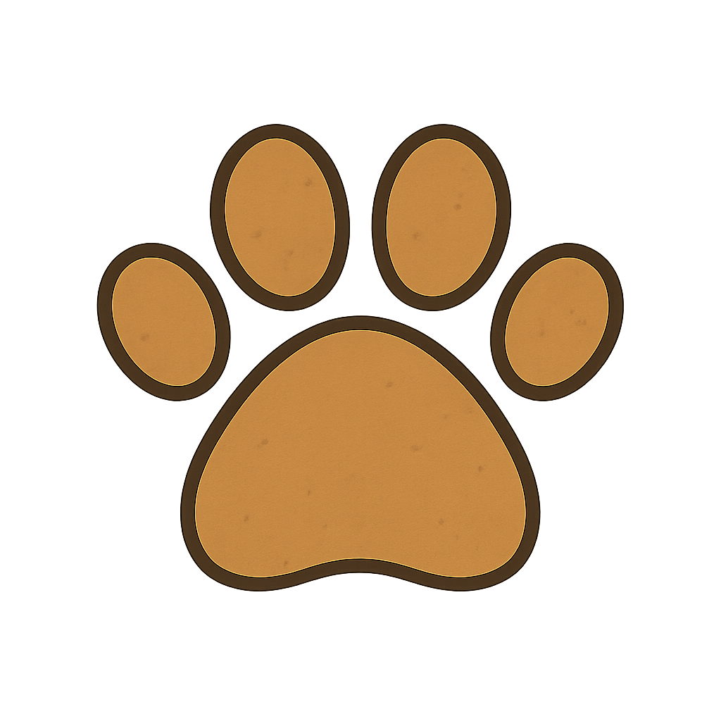 Illustration of a paw print with a brown pad and four rounded toes, set against a black background.