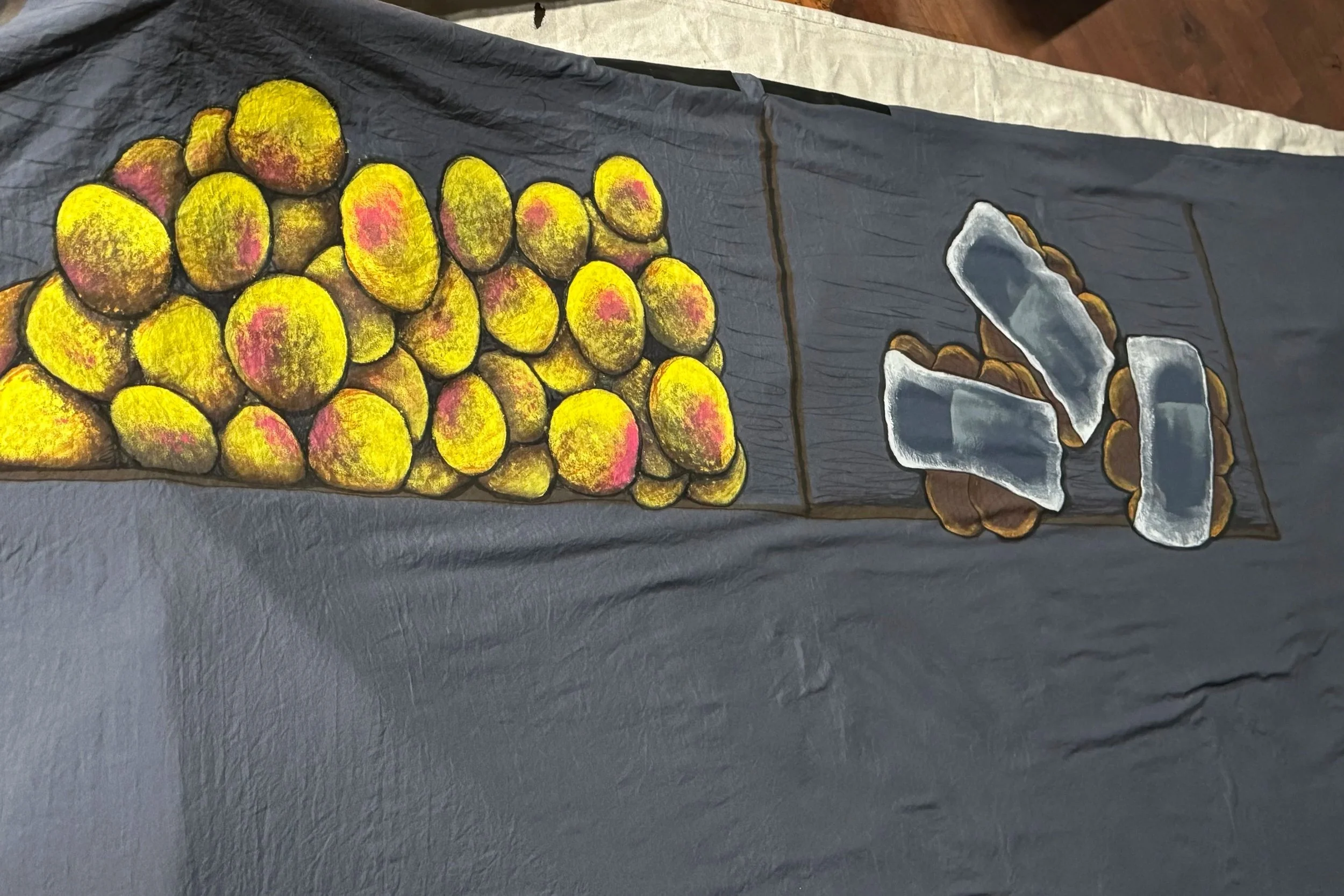 Painted sheet to drape over couch during grocery scenes